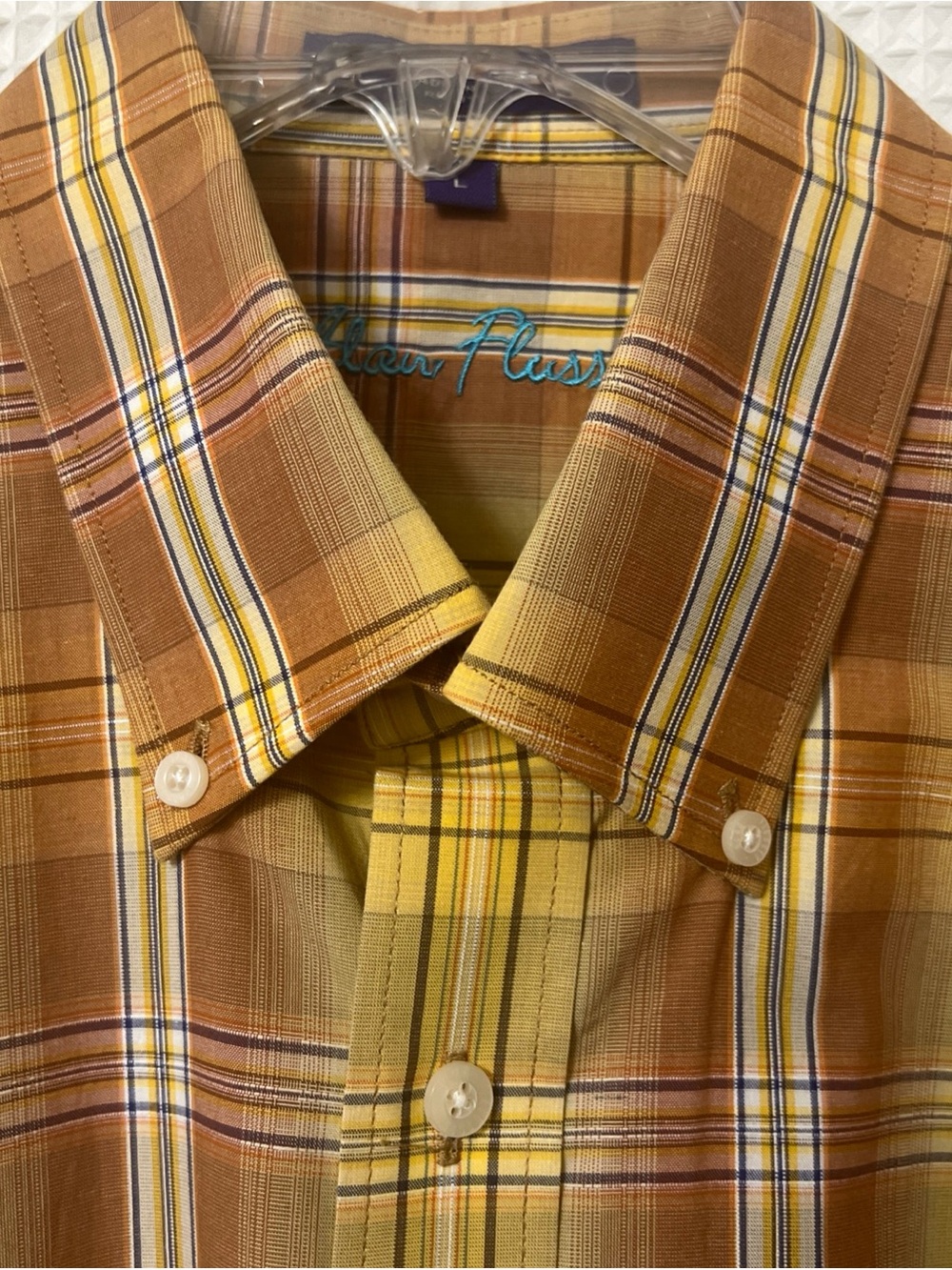 Alan Flusser Shirt Men’s L Classic Plaid Button-Down Mustard Brown Plaid